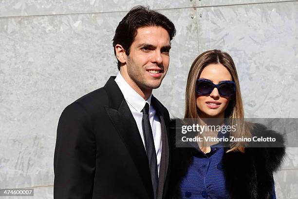 Ricardo Kaka and wife Carolina Celico attend the Giorgio Armani show during the Milan Fashion Week Womenswear Autumn/Winter 2014 on February 24, 2014...