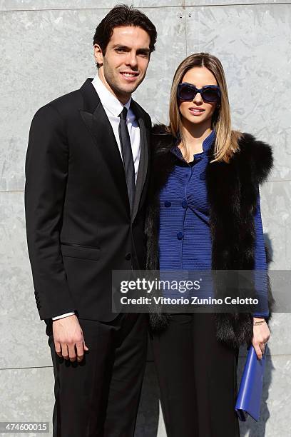 Ricardo Kaka and wife Carolina Celico attend the Giorgio Armani show during the Milan Fashion Week Womenswear Autumn/Winter 2014 on February 24, 2014...