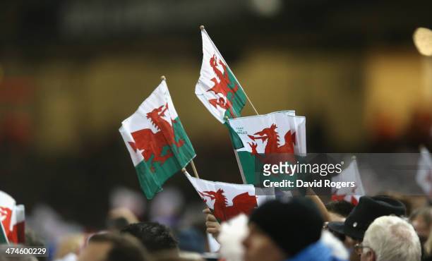 Wales supporters waver their flags during the RBS Six Nations match between Wales and France at the Millennium Stadium on February 21, 2014 in...