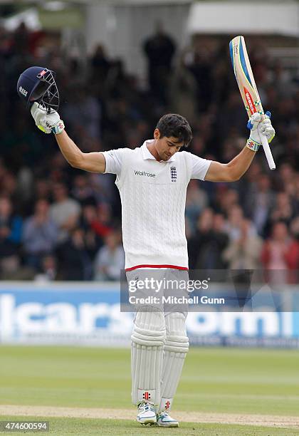 Alastair Cook celebrates scoring a century during day four of the 1st Investec Test match between England and New Zealand at Lord's Cricket Ground on...