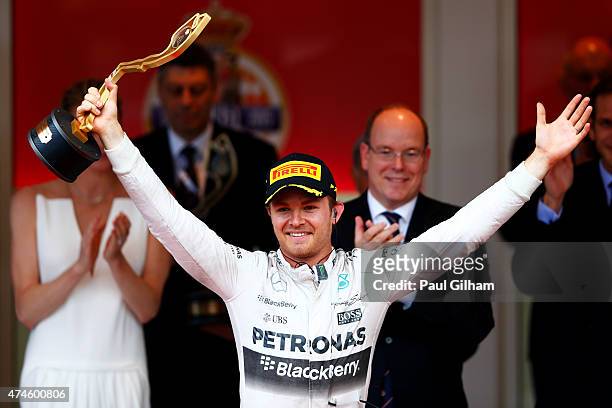 Nico Rosberg of Germany and Mercedes GP celebrates winning the Monaco Formula One Grand Prix at Circuit de Monaco on May 24, 2015 in Monte-Carlo,...