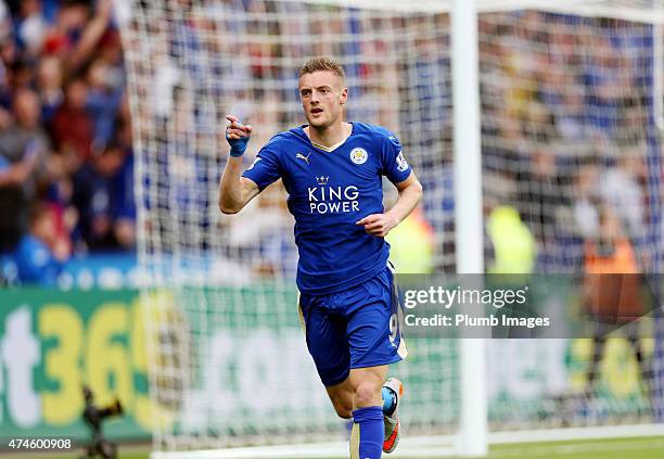 Jamie Vardy of Leicester City celebrates after scoring to make it 1-0 during the Barclays Premier League match between Leicester City and Queens Park...