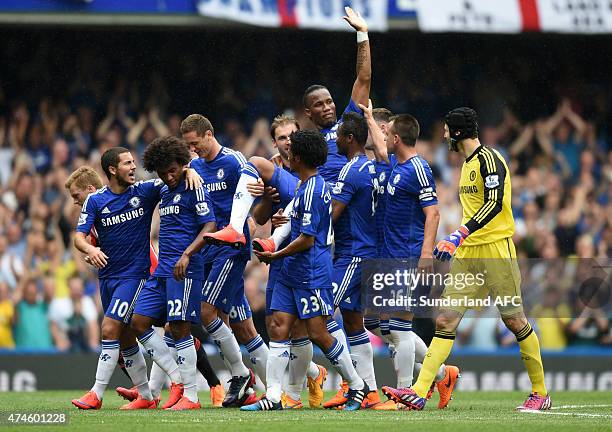 Didier Drogba of Chelsea is lifted by his team mates as he is substituted during the Barclays Premier League match between Chelsea and Sunderland at...