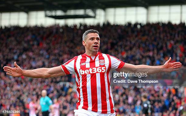 Jonathan Walters of Stoke City celebrates scoring his team's third goal during the Barclays Premier League match between Stoke City and Liverpool at...