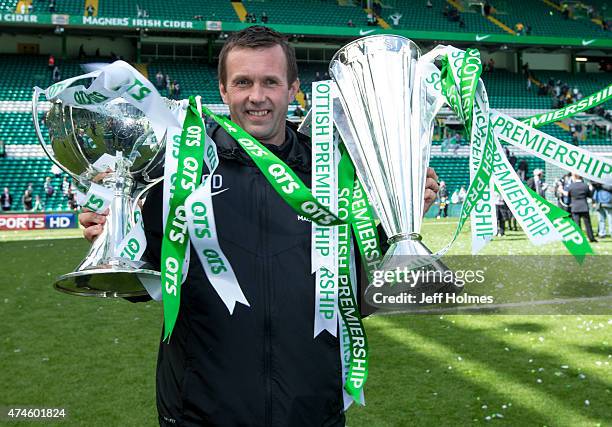 Celtic manager Ronny Deila lifts the double after the Scottish Premiership Match between Celtic and Inverness Caley Thistle at Celtic Park on May 24,...