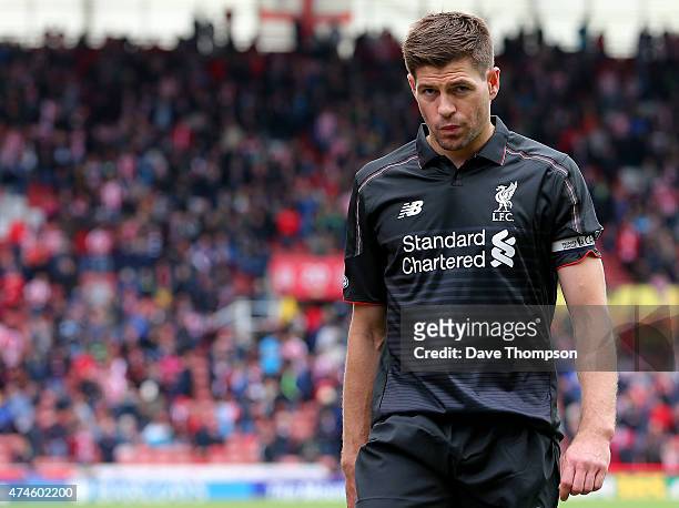 Steven Gerrard of Liverpool reacts during the Barclays Premier League match between Stoke City and Liverpool at Britannia Stadium on May 24, 2015 in...