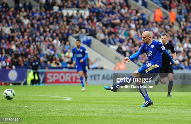 Esteban Cambiasso of Leicester City scores his team's fourth goal during the Barclays Premier League match between Leicester City and Queens Park...