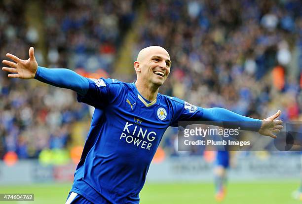 Esteban Cambiasso of Leicester City celebrates after scoring to make it 4-0 during the Barclays Premier League match between Leicester City and...