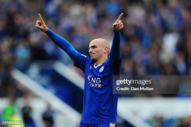 Esteban Cambiasso of Leicester City celebrates scoring his team's fourth goal during the Barclays Premier League match between Leicester City and...