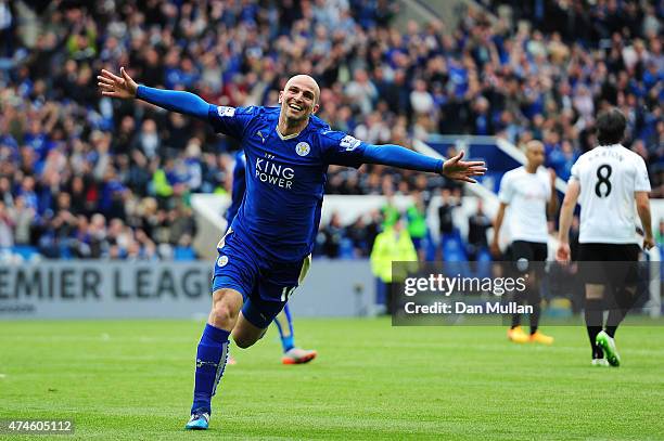 Esteban Cambiasso of Leicester City celebrates scoring his team's fourth goal during the Barclays Premier League match between Leicester City and...