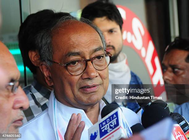 General secretary Digvijaya Singh speaks during a press conference at Indian coffee house on May 24, 2015 in Bhopal, India. Singh, who has been a...