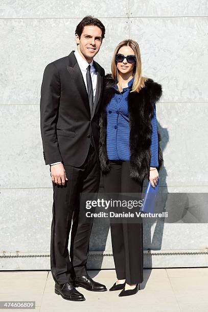 Ricardo Kaka and Carolina Celico attend the Giorgio Armani show during the Milan Fashion Week Womenswear Autumn/Winter 2014 on February 24, 2014 in...