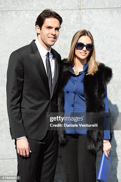 Ricardo Kaka and Carolina Celico attend the Giorgio Armani show during the Milan Fashion Week Womenswear Autumn/Winter 2014 on February 24, 2014 in...