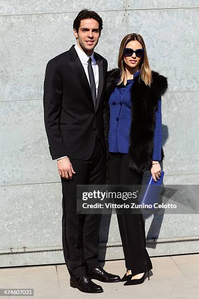Ricardo Kaka and wife Carolina Celico attend the Giorgio Armani show during the Milan Fashion Week Womenswear Autumn/Winter 2014 on February 24, 2014...