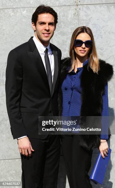 Ricardo Kaka and wife Carolina Celico attend the Giorgio Armani show during the Milan Fashion Week Womenswear Autumn/Winter 2014 on February 24, 2014...