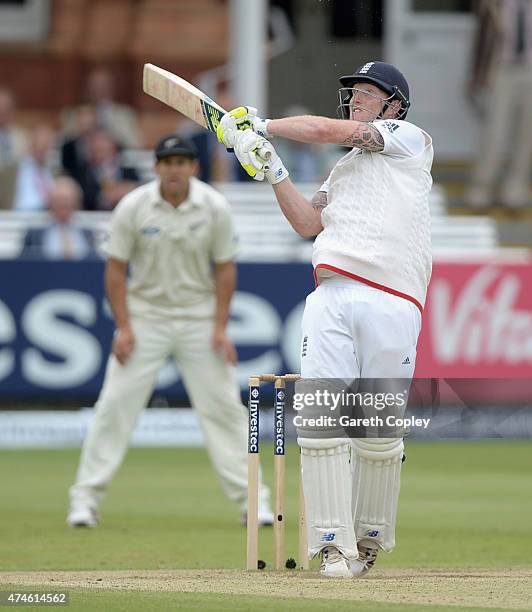 Ben Stokes of England hits out for six runs during day four of 1st Investec Test match between England and New Zealand at Lord's Cricket Ground on...