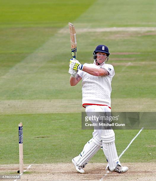 Ben Stokes of England hits the ball for six runs during day four of the 1st Investec Test match between England and New Zealand at Lord's Cricket...