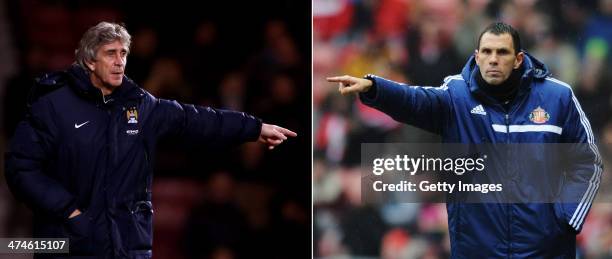 Image Numbers 464202807 and 463473677) In this composite image a comparison has been made between Manuel Pellegrini manager of Manchester City and...