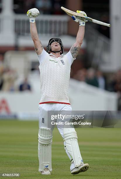 Ben Stokes of England celebrates scoring his century during day four of 1st Investec Test match between England and New Zealand at Lord's Cricket...