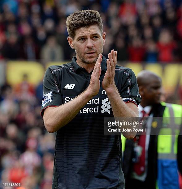 Steven Gerrard of Liverpool shows his appreciation to the fans at the end of the Barclays Premier League match between Stoke City and Liverpool at...