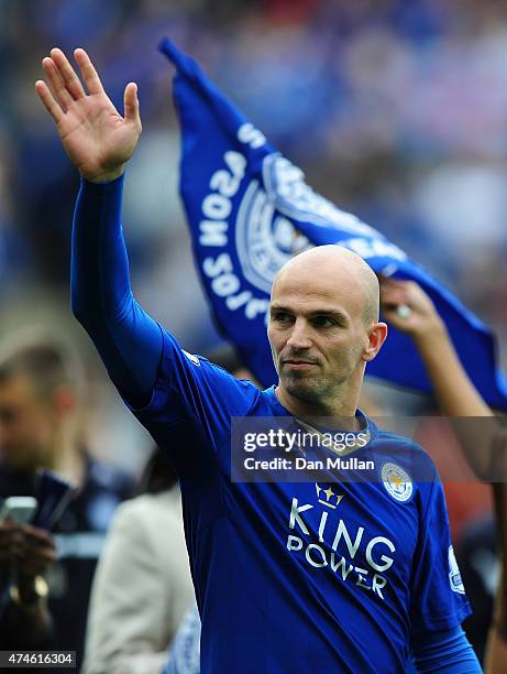 Esteban Cambiasso of Leicester City waves to the fans following the Premier League match between Leicester City and Queens Park Rangers at The King...