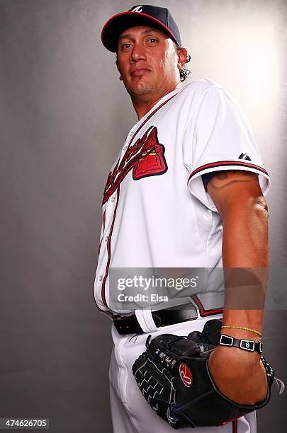 Freddy Garcia of the Atlanta Braves poses for a portrait during the Atlanta Braves Photo Day at Champion Stadium on February 24, 2014 in Lake Buena...