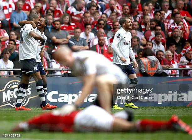 Jermaine Beckford of Preston North End celebrates after scoring during the League One play-off final between Preston North End and Swindon Town at...