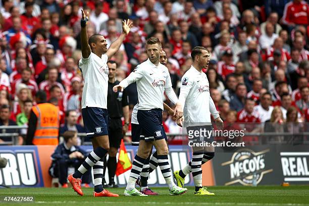 Jermaine Beckford of Preston North End celebrates after scoring during the League One play-off final between Preston North End and Swindon Town at...