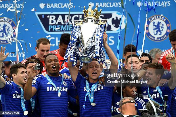 Captain John Terry of Chelsea lifts the trophy after the Barclays Premier League match between Chelsea and Sunderland at Stamford Bridge on May 24,...