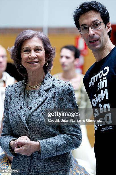 Queen Sofia of Spain and Jose Carlos Martinez visit the National Dance Company at National Dance Company on February 24, 2014 in Madrid, Spain.