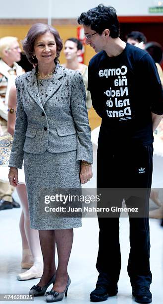 Queen Sofia of Spain and Jose Carlos Martinez visit the National Dance Company at National Dance Company on February 24, 2014 in Madrid, Spain.