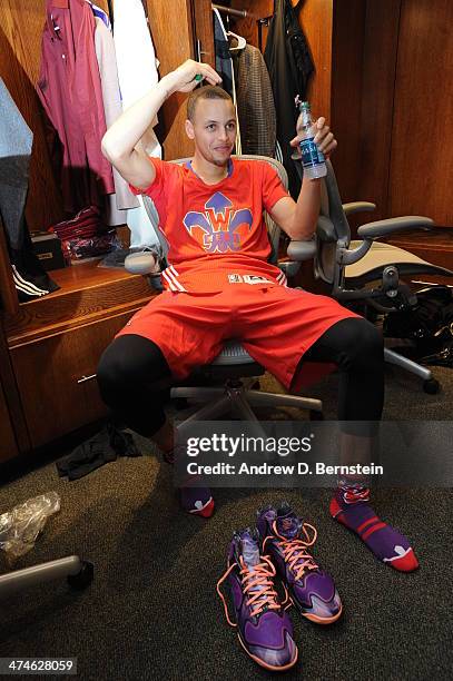 Stephen Curry of the Western Conference in the lockerroom before the game against the Eastern Conference during the 2014 NBA All-Star Game as part of...