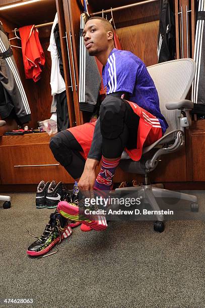 Damian Lillard of the Western Conference gets ready before the game against the Eastern Conference during the 2014 NBA All-Star Game as part of the...
