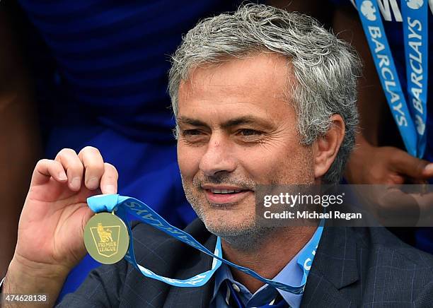 Jose Mourinho manager of Chelsea shows his champion's medal after the Barclays Premier League match between Chelsea and Sunderland at Stamford Bridge...