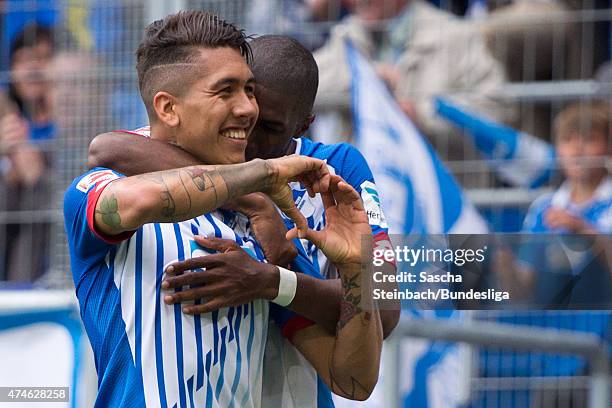 Roberto Firmino of Hoffenheim celebrates after scoring his team's second goal during the Bundesliga match between 1899 Hoffenheim and Hertha BSC...