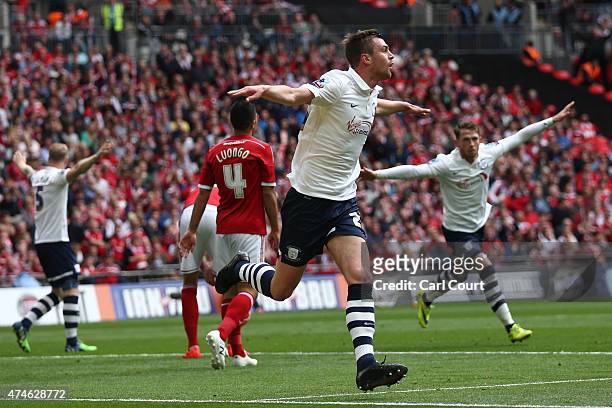 Paul Huntington of Preston North End celebrates after scoring during the League One play-off final between Preston North End and Swindon Town at...