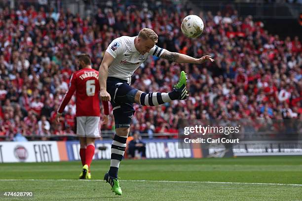 Tom Clarke of Preston North End celebrates after team mate scored during the League One play-off final between Preston North End and Swindon Town at...