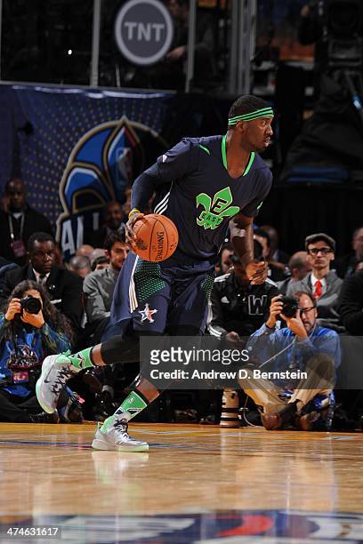 Roy Hibbert of the Eastern Conference handles the ball against the Western Conference during the 2014 NBA All-Star Game as part of the 2014 All-Star...