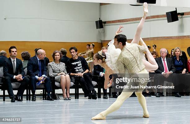 Antonio Najarro, Jose Ignacio Wert, Queen Sofia of Spain and Jose Carlos Martinez visit the National Dance Company at National Dance Company sede on...