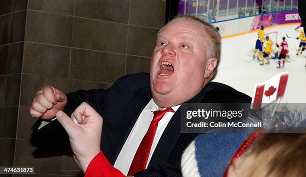 Mayor Rob Ford celebrates 2nd goal. Canadian Olympic hockey fans erupt while watching Canada s three goal shut out of Sweden for the Gold medal in...