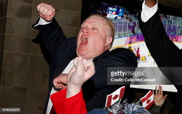 Mayor Rob Ford celebrates Sydney Crosby s goal. Canadian Olympic hockey fans erupt while watching Canada s three goal shut out of Sweden for the Gold...