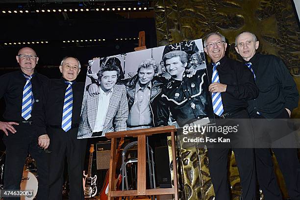 The Pygmees band pose during the Unveiling of The Plaque 'Golf Drouot' at the Mairie du 9 eme on February 24, 2014 in Paris, France.