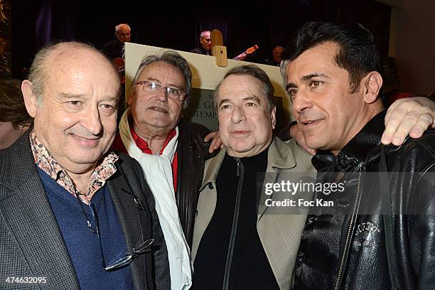 Michel Jonasz, a guest, Paul Loup Sulitzer and Albert Kassabi from the Forbans attend the Unveiling of The Plaque 'Golf Drouot' at the Mairie du 9...
