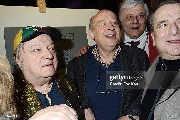 Singer Moustique, Michel Jonasz and Paul Loup Sulitzer attend the Unveiling of The Plaque 'Golf Drouot' at the Mairie du 9 eme on February 24, 2014...