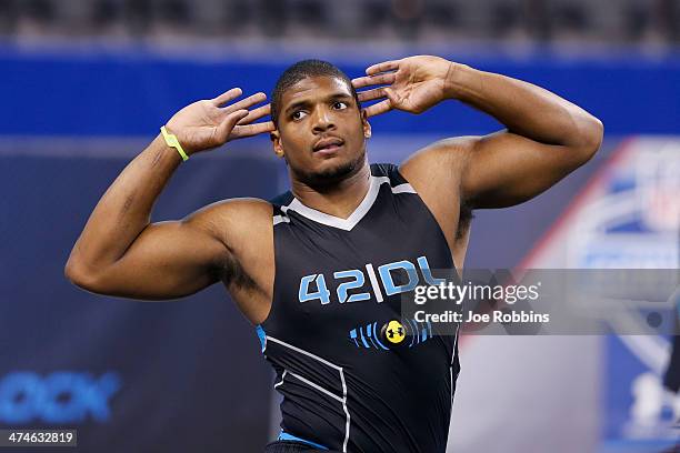 Former Missouri defensive lineman Michael Sam looks on during the 2014 NFL Combine at Lucas Oil Stadium on February 24, 2014 in Indianapolis, Indiana.
