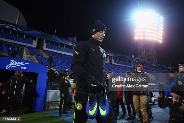 Robert Lewandowski of Dortmund arrives for a training session ahead of the UEFA Champions League Round of 16 first leg match between FC Zenit St....