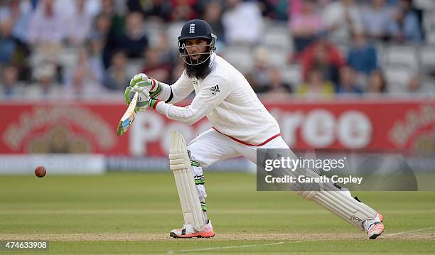 Moeen Ali of England bats during day four of 1st Investec Test match between England and New Zealand at Lord's Cricket Ground on May 24, 2015 in...