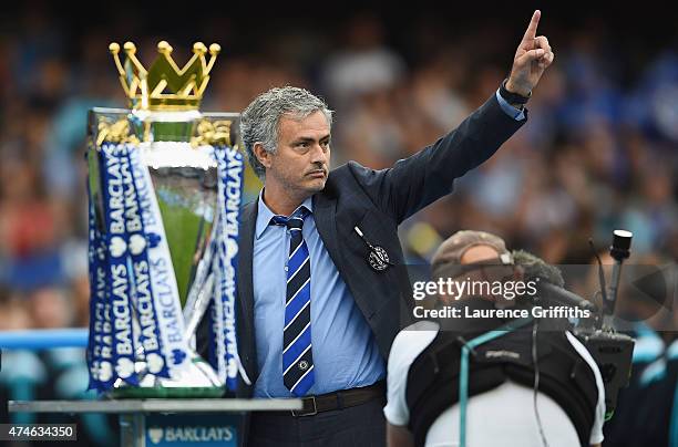 Jose Mourinho manager of Chelsea celebrates winning the Premier League title after the Barclays Premier League match between Chelsea and Sunderland...