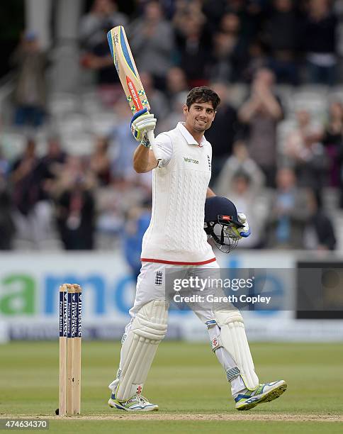 England captain Alastair Cook salutes the crowd after reaching 150 runs during day four of 1st Investec Test match between England and New Zealand at...