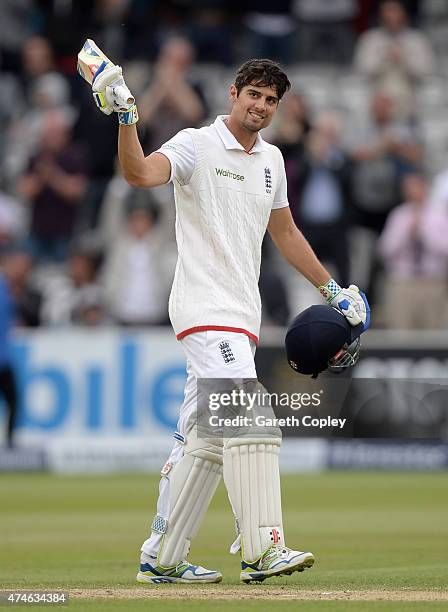 England captain Alastair Cook salutes the crowd after reaching 150 runs during day four of 1st Investec Test match between England and New Zealand at...